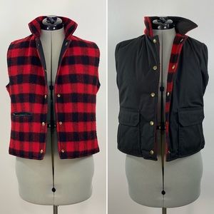 Vintage Buffalo Plaid Reversible Wool Vest Small Winter Puffer Pockets Red Black